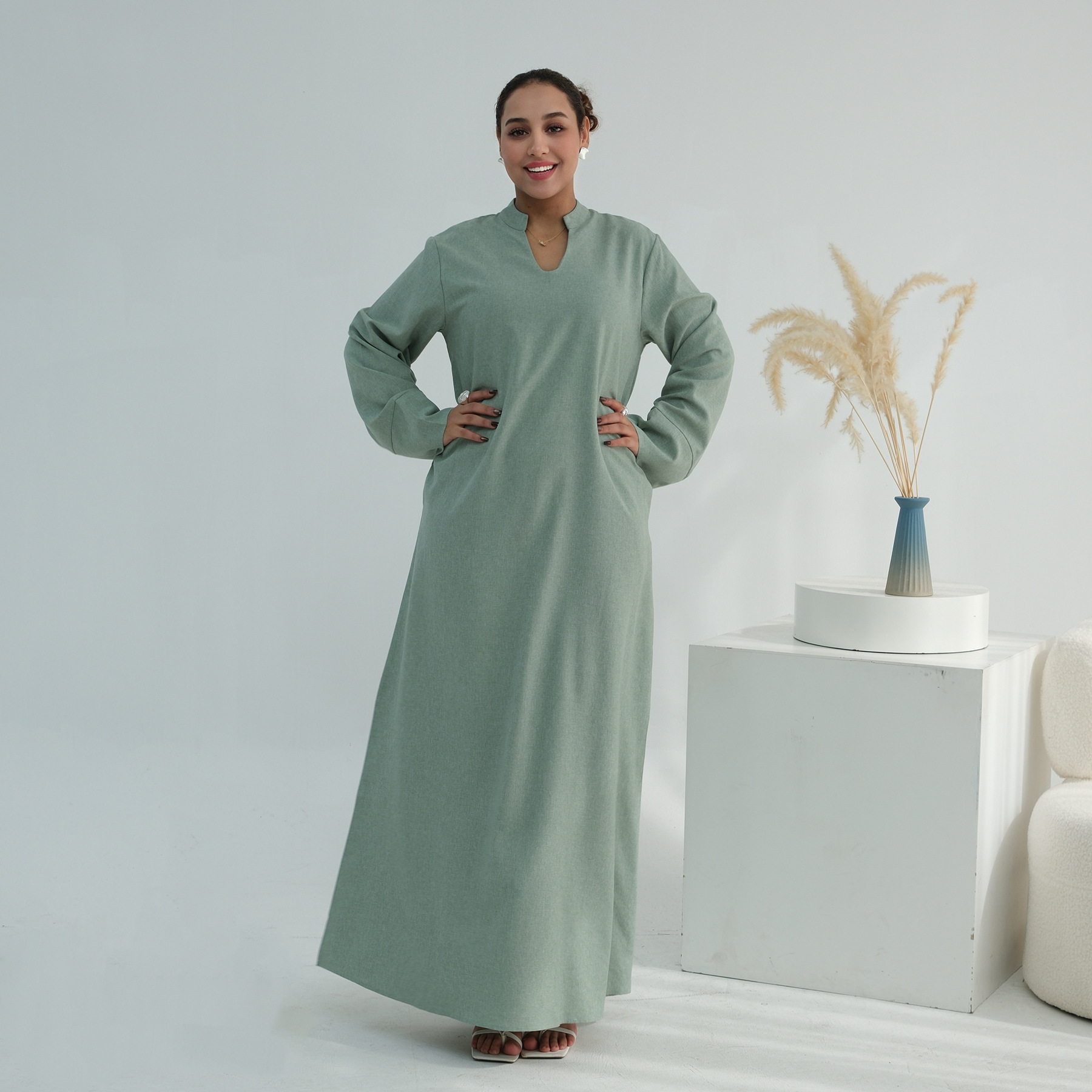 کتانی بسته جزئیات روپوش بلند Abaya Linen Closed Abaya Long Robe Detail