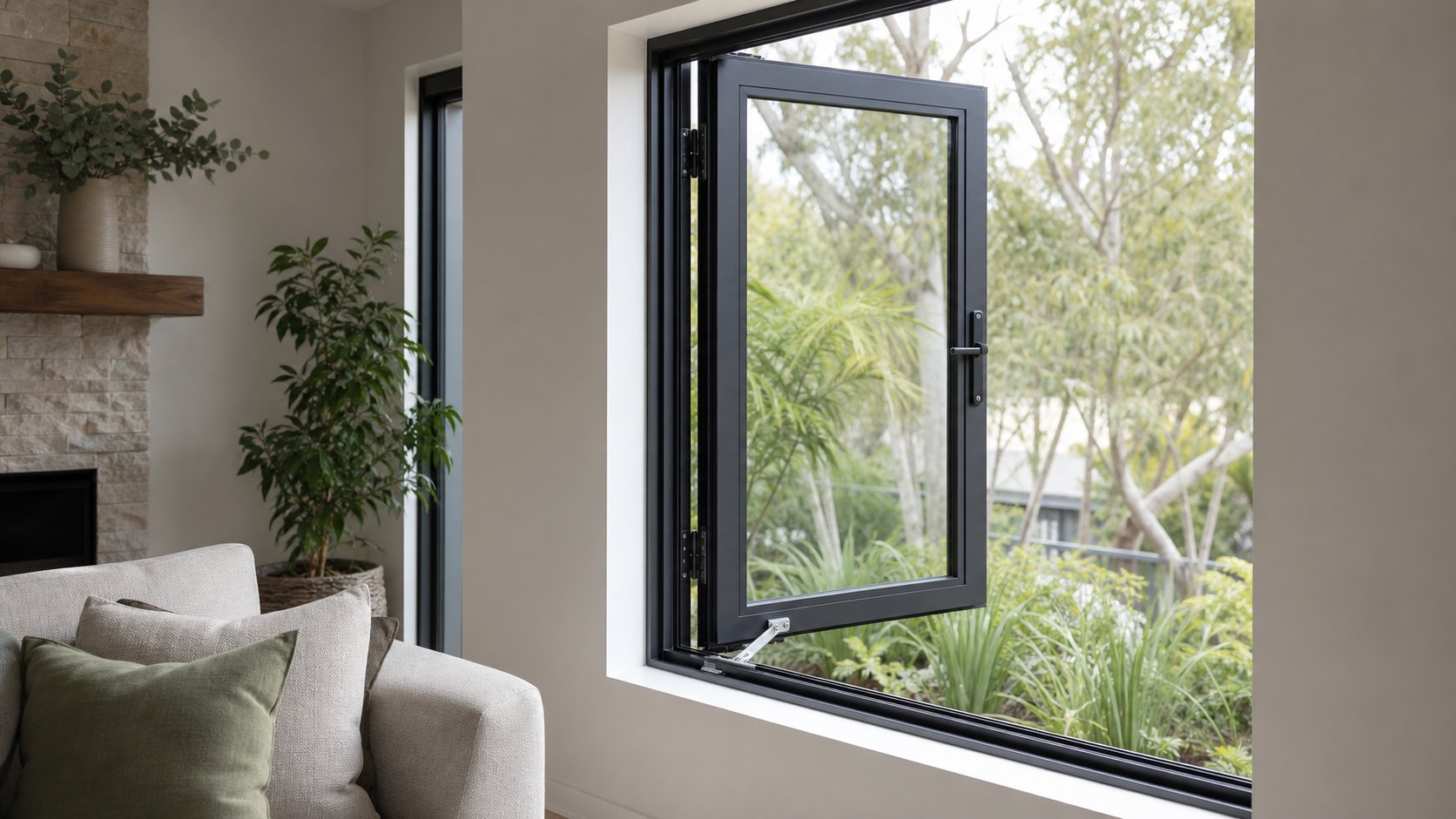 Casement window stay in an Australian home Side-hinged aluminium casement window with a friction stay in an Australian living room