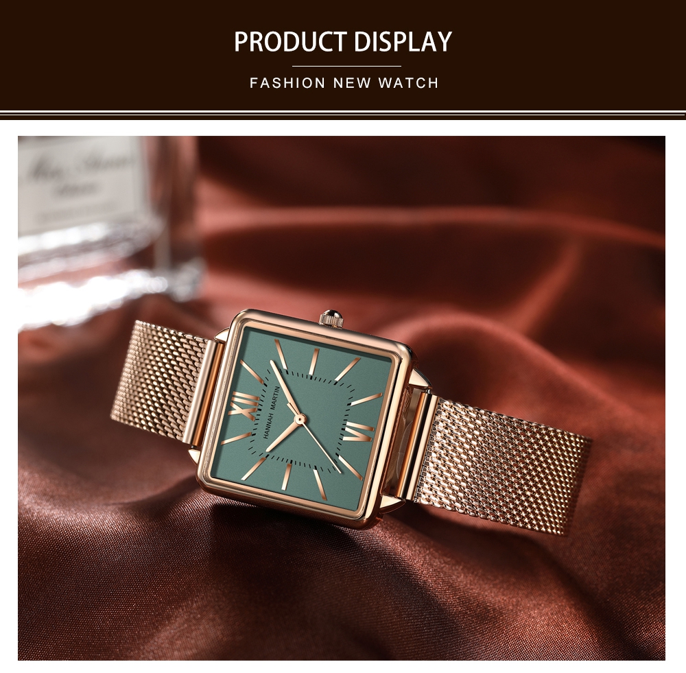 Hannah Martin 1082 Women Watches Quartz Watch Square Rose Gold Fashion Wristwatches Steel Mesh montre femme Hot Sale