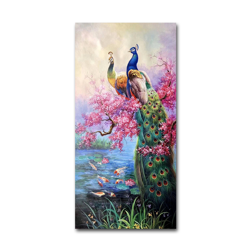 Handmade Beautiful White/Blue Peacock Painting Canvas Wall Art for Home Decoration