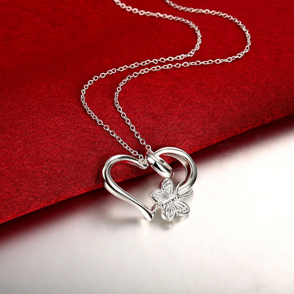 High Quality Pure Fashion Popular Beautiful Butterfly Heart Pendant Simple Silver Jewelry Necklace