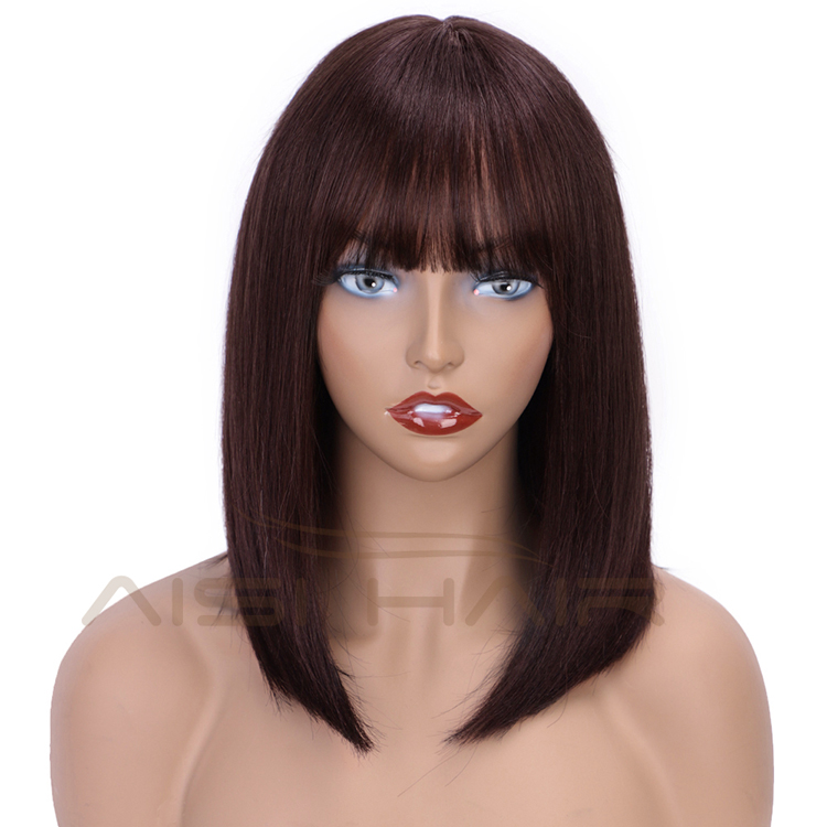 Aisi Hair 14 Inch Dark Brown Short Bob 100% Brazilian Human Hair Wig Silky Straight Silk Base Human Hair Wigs For Black Women