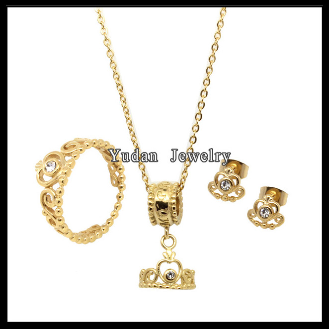 Wholesale Fashion Stainless Steel Leaf Ring Pendant Earring Plated Gold Jewelry Sets