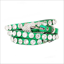 Wholesale Women's One Line Rhinestone Green Leather Stud Accent Belt