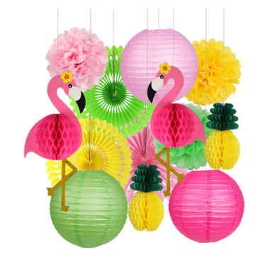 Pink Flamingo Lantern Pom Poms Honeycomb Balls for Summer Hawaiian Wedding
