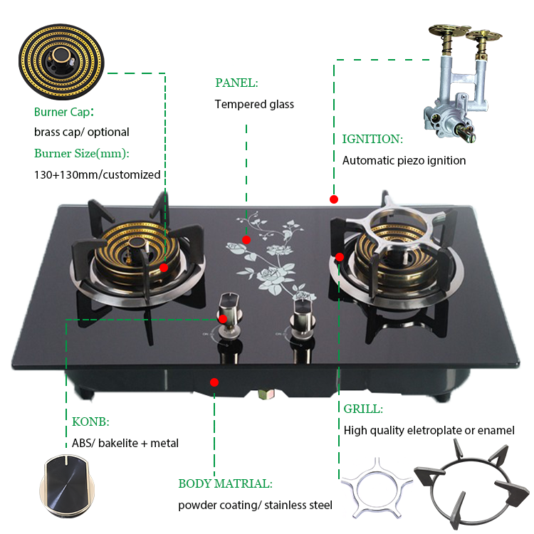 Estufa de gas Quemador de gas de 2 fuegos construido en encimera de gas de alta calidad