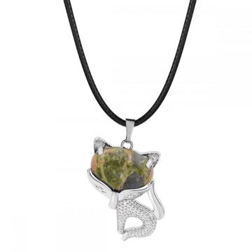 Unakite Luck Fox Necklace for Women Men Healing Energy Crystal Amulet Animal Pendant Gemstone Jewelry Gifts