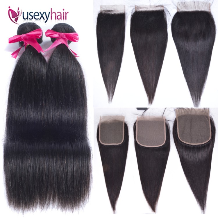 Brazilian Virgin Human Hair Bundles With Lace Frontal Closure 4x4 5x5 6x6 7x7 Straight Hair Closure