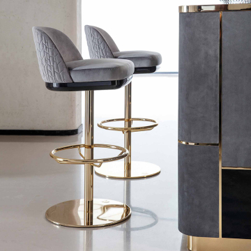 Italian Luxury Grey Velvet Swivel Barstool with Stainless Steel Base