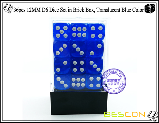 36pcs 12MM D6 Dice Set in Brick Box, Translucent Blue Color-2