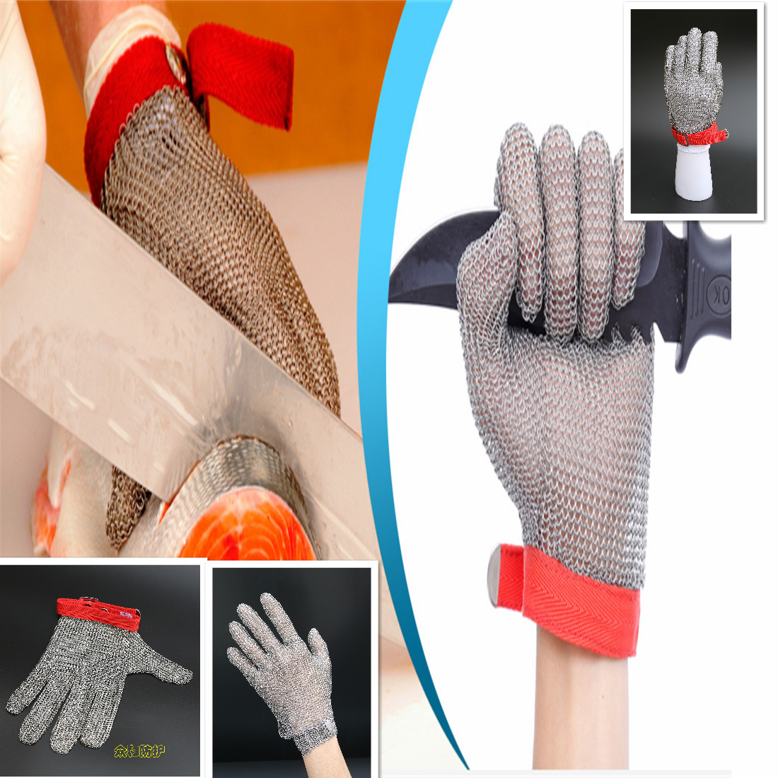 Dubetter Stainless steel mesh safety gloves with hook strap