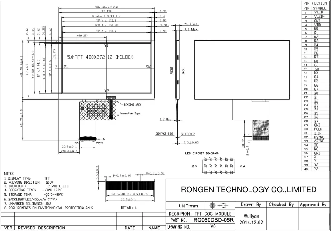 5 Inch 480 X 272 High Brightness TFT LCD Display Resistive Touch Screen