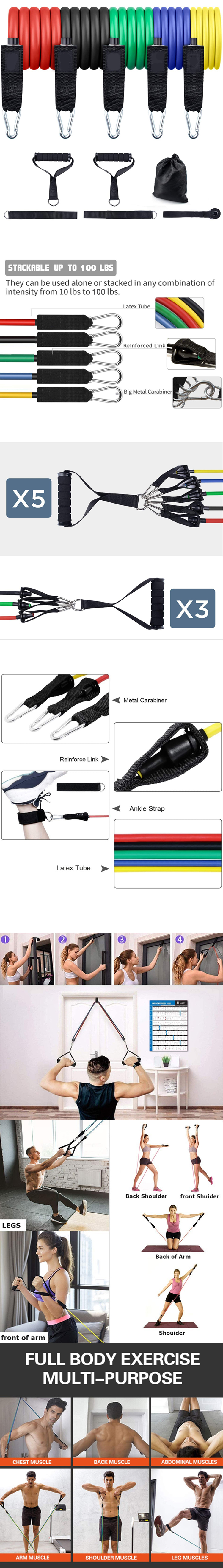 5 Strength Training Tpe Exercise Bands, Carrying Bag Door Anchor Handles Ankle Straps Resistance Bands Set with Handle'