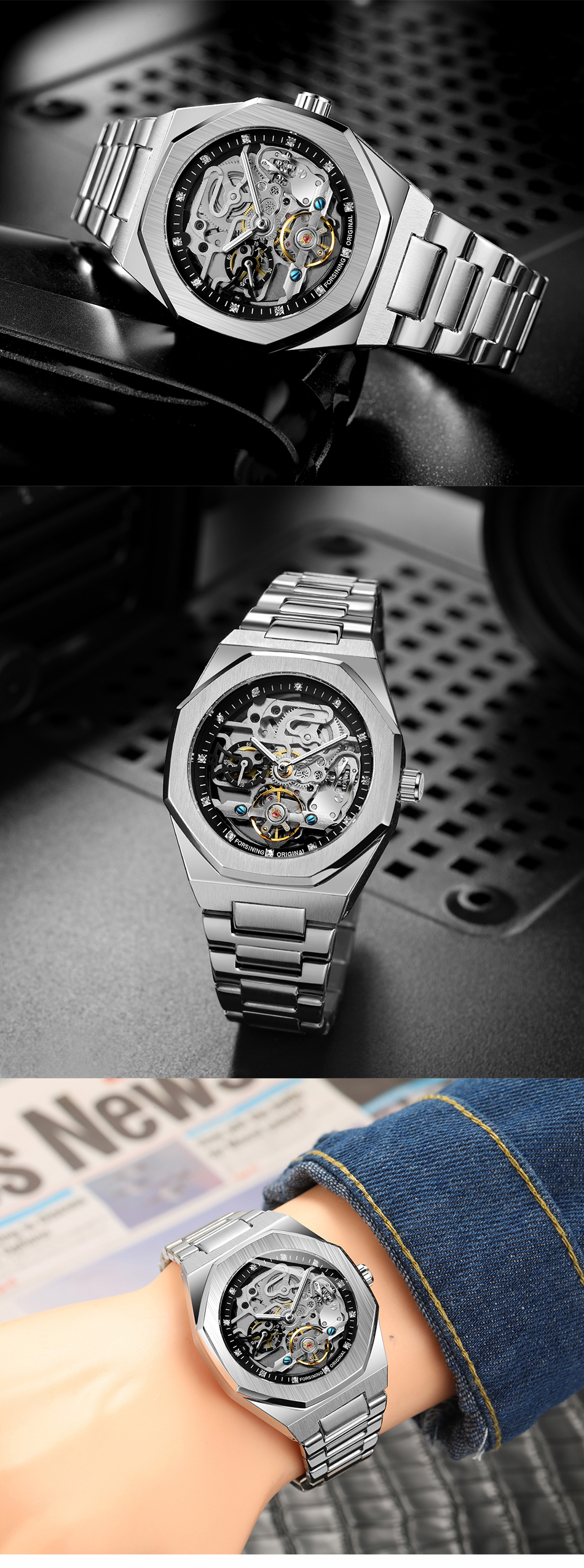 Forsining 375 Color Band Steel Mechanical Watches Luxury Tourbillon Relojes Automatic Watch Men