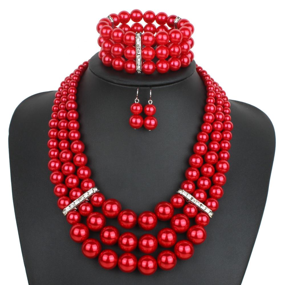 Bridesmaid Red Pearl Necklace Bracelet And Earring Set