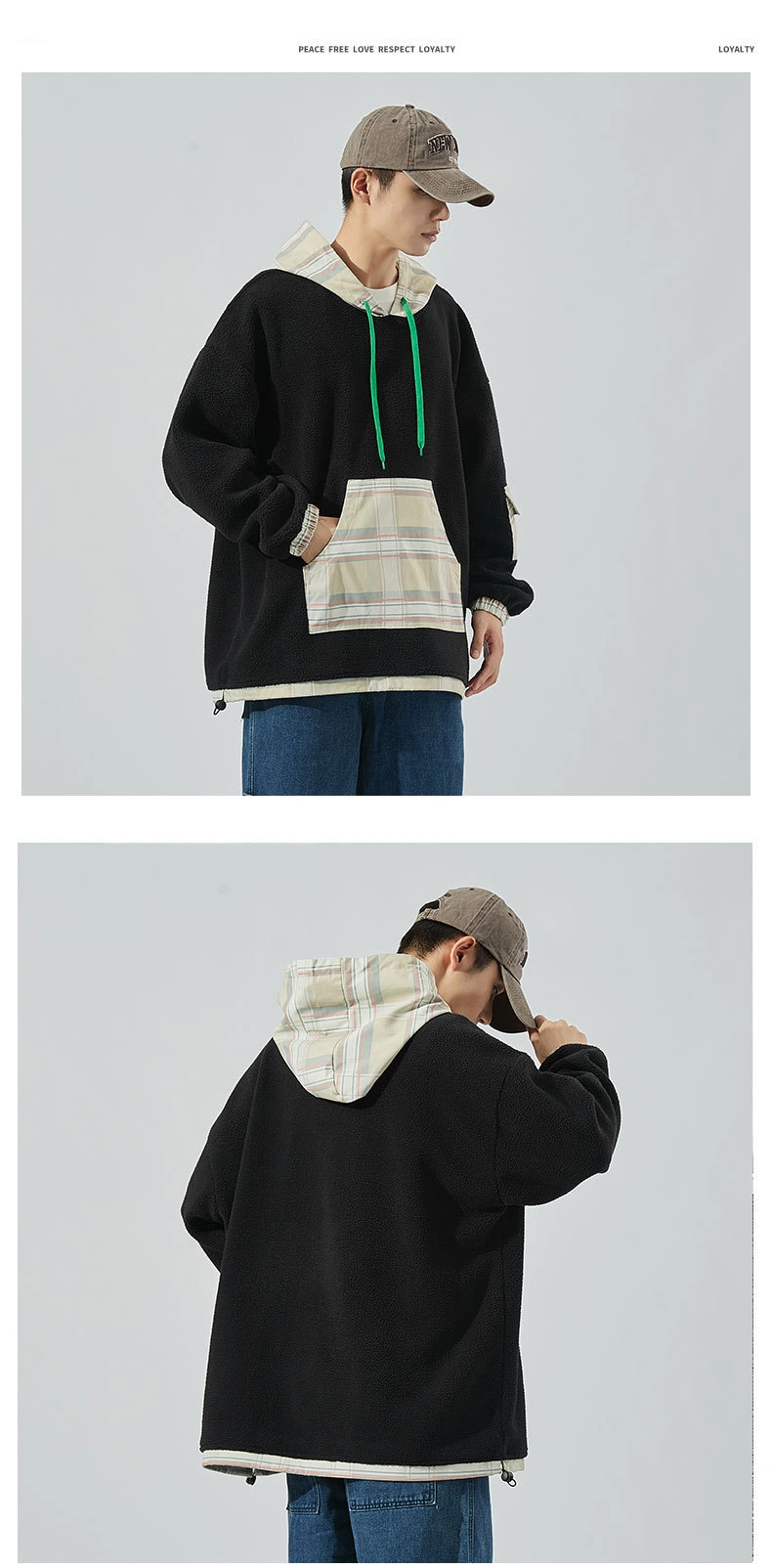 Loose Youth Warm Lamb Wool Casual Stitching Hoodie