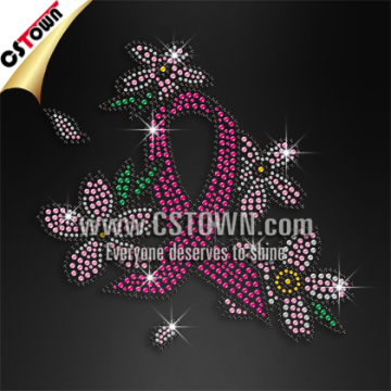 Floral pink ribbon iron on breast cancer rhinestone transfer