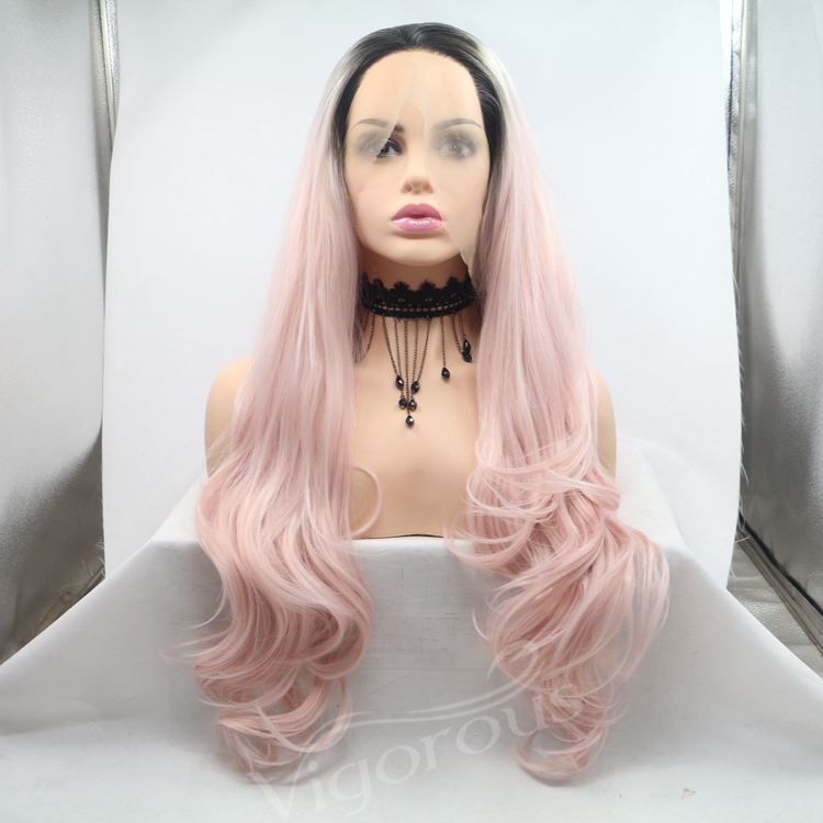 Vigorous ombre long straight premium high quality wholesale black women synthetic hair wigs with lace front