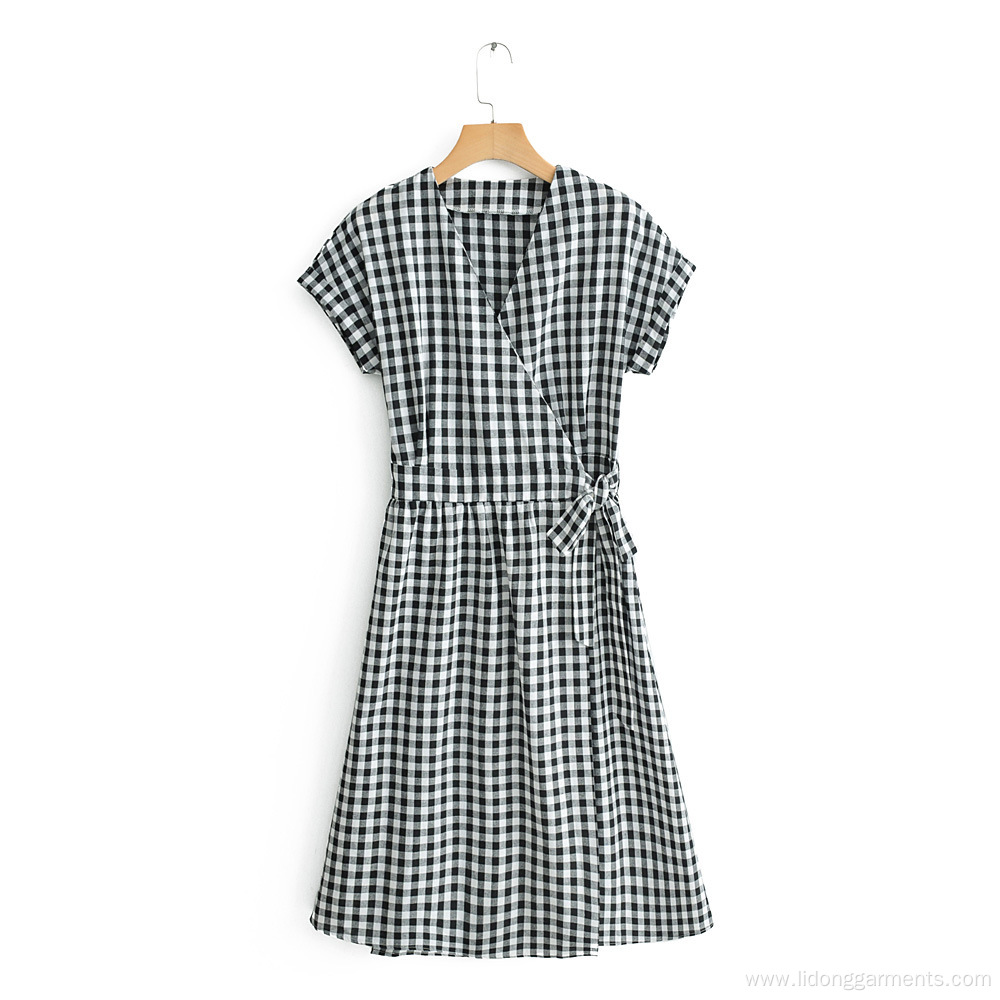 Women New Black White Plaid Lace-up Dress