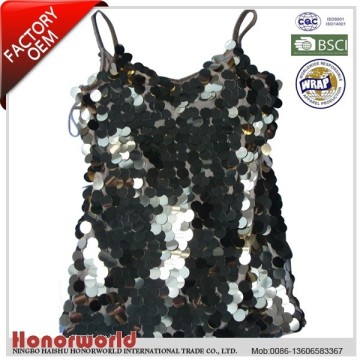 BSCI approved factory woman Sequined Tank Top / black sequin top / Halter top with sequin embroidery