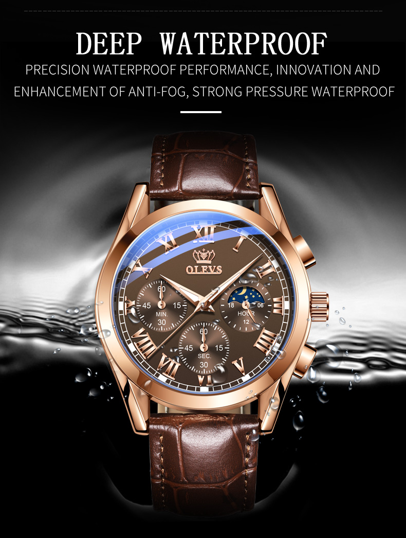 OLEVS 2871 Multifunctional Sports Watches Leather Luxury Fashion Genuine Leather Man Wristwatch Waterproof Luminous Men's Watch