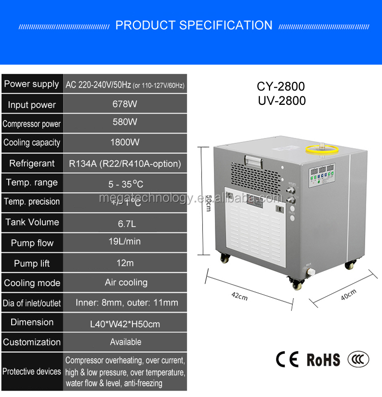 CY2800 0.75HP 1800W China Co2 water cooler industrial cooling chiller for laser cutter engraver