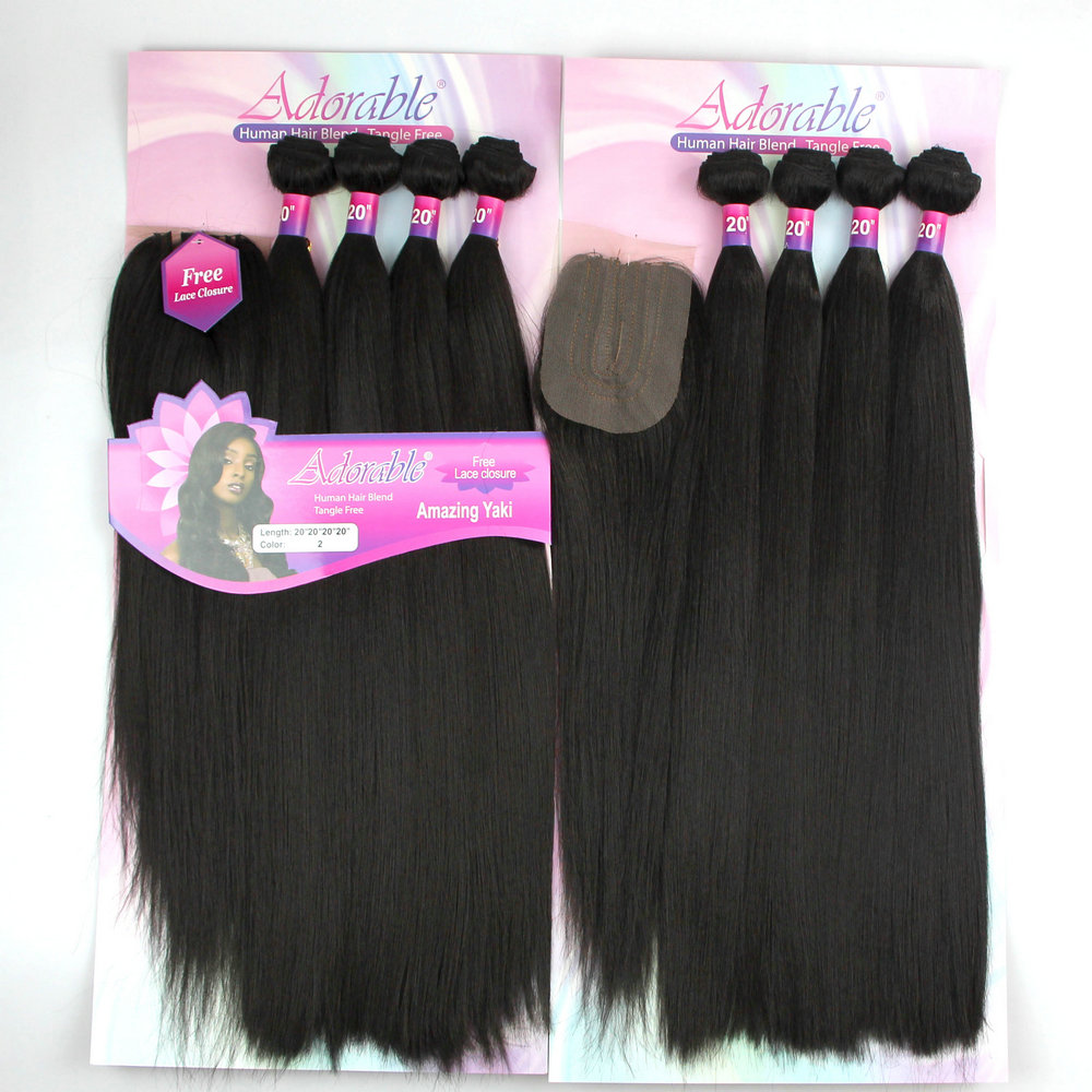 Adorable pack hair 4 bundles braiding hair extension and a closure, Yaki straight protein fiber hair weave 20"22"