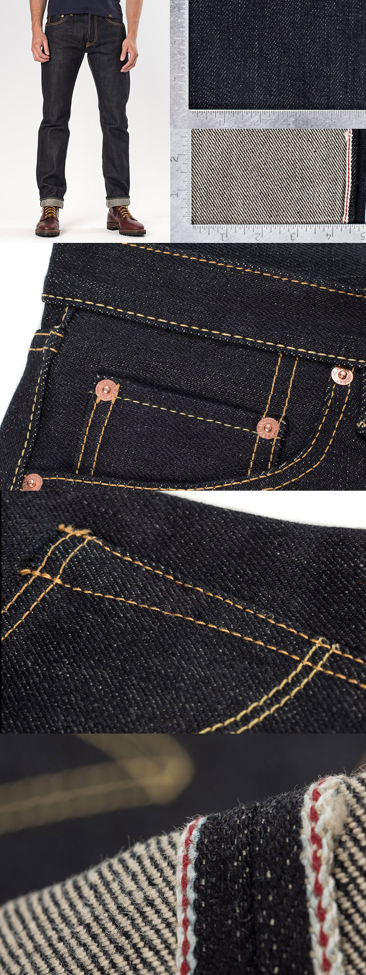 Indigo personalizado 21-22oz Selvedge Mens Heavy Denim Slim Tapered Mid-Mid Sin contracción Jeans