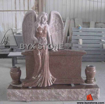 Imperial Red Granite Grave Angel Headstone / Monuments with Vases