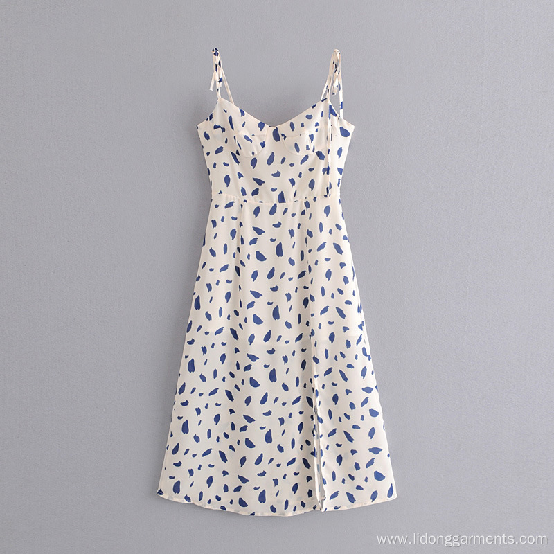 Long Printed Dot Split Sling Dress