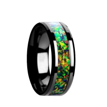 Wholesale 8mm Tungsten Black Wedding Bands with Natural Ethiopian Opal Inlay