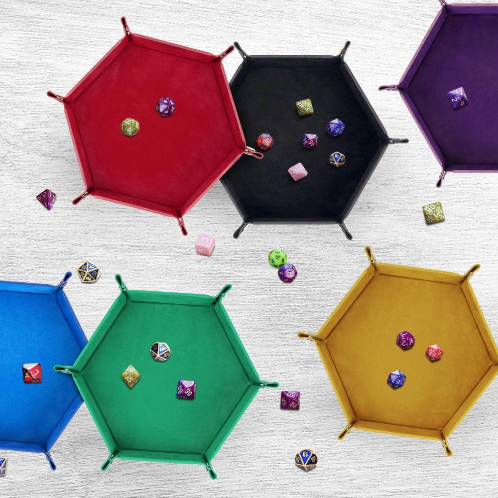 Hexagon plegable D&amp;D Dice Bandeja Bandeja de almacenamiento de dados para juegos de dados dados, bandeja de dados PU cuero y terciopelo