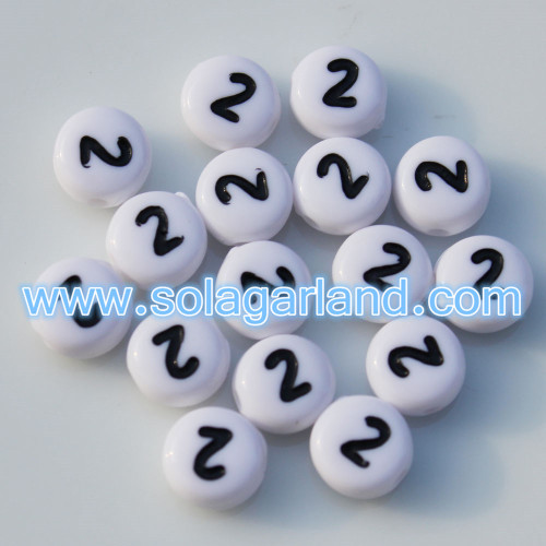 Acrylic White Coin Round Beads With Black Digit Number