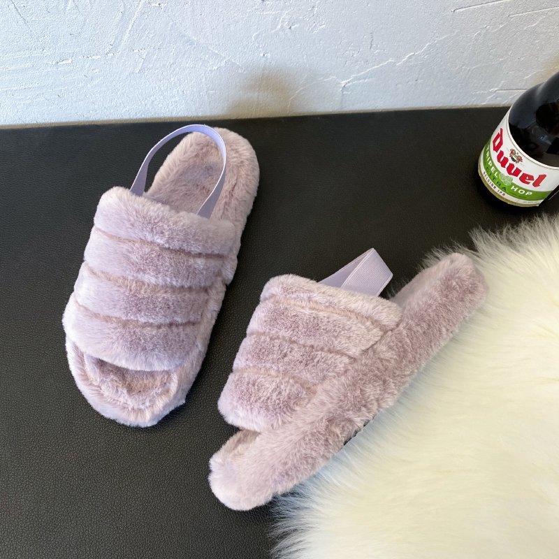 Women Faux Fur Outdoor Slippers Flat Open Toe Furry Plush Casual Plus Size Lady Sandals Mule Slides