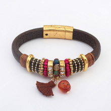 Leather Tassel Bangle Gold Magnet Clasp Stone Charm Bracelet