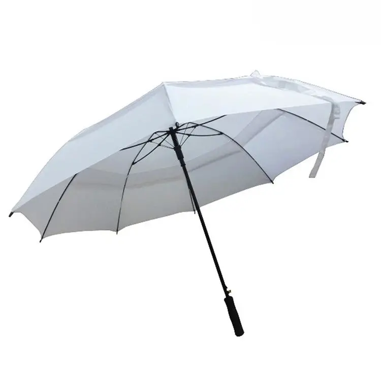 Custom Logo Fiberglass Frame Windproof White Golf Umbrella with Double Layer Inside Umbrella