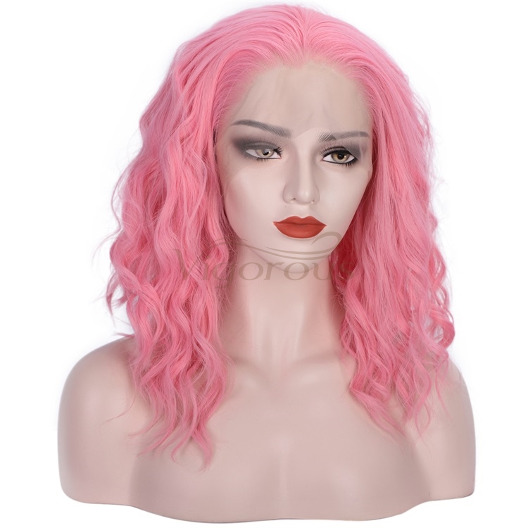 Vigorous Short Bob Wavy Lace Front Wigs for White Women Curly Wavy Pink Wig Heat Resistant Synthetic Free Part Cosplay Wig