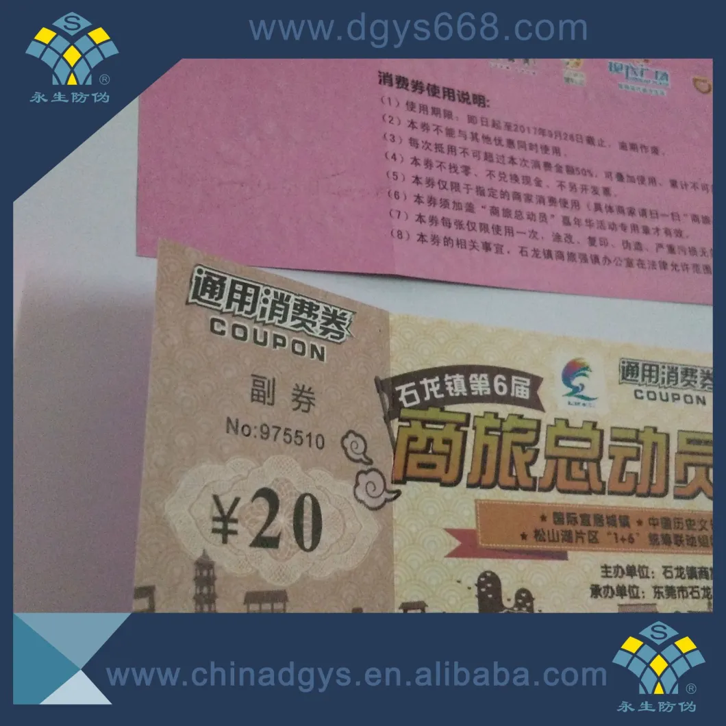 Custom Shopping Discount Ticket Security Printing with Barcode and Hot Stamping Hologram