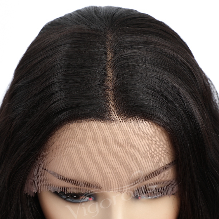 Vigorous vendor natural wholesale high quality long body wave fiber lace front heat resistant synthetic blend wig for women