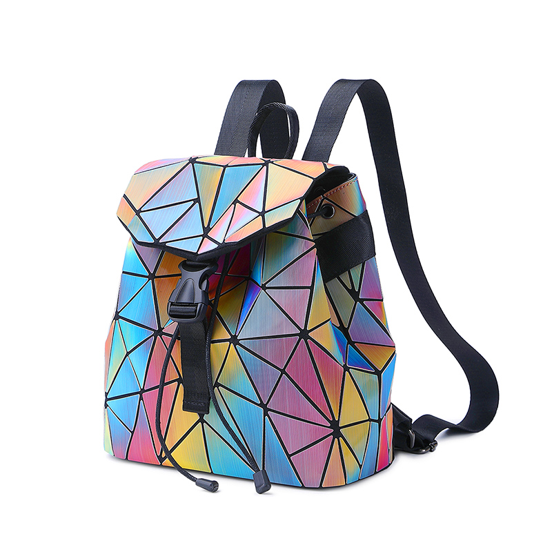 Drawstring waterproof travel geometric lattice foldable luxury color change girl backpack bag