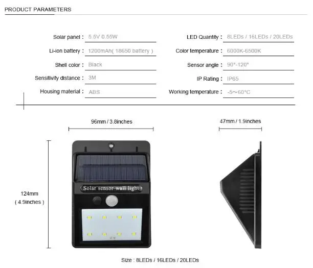 LED Lavatory Lights Garage Lights Sensor 8LED Solar Wall Light