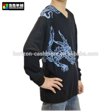 Embroidery Cashmere Sweater, Men Fashion Print Black Cashmere Sweater