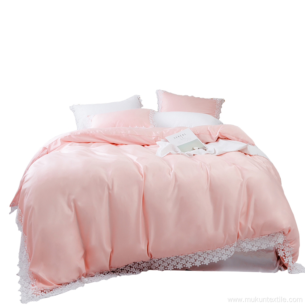 Pink 100% viscose rayon lace bedding sets