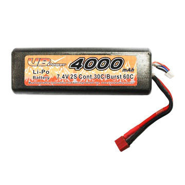 7.4V/4,000mAh Lithium Polymer Battery Pack for RC Cars with 30c Continuous Discharge Current