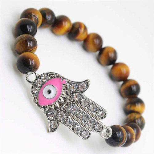 Yellow Tiger eye Gemstone Bracelet with Diamante Evil eye Piece