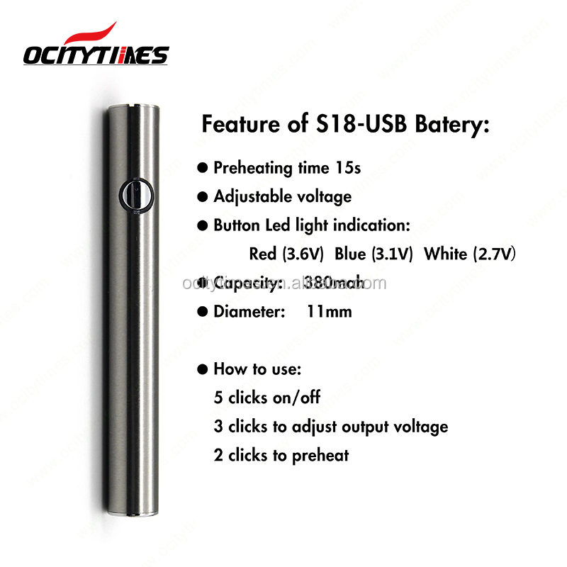 USB Rechargeable cbd oil battery Ocitytimes S18-USB 380mAh preheat 510 battery for thick cbd oil