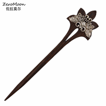 Vintage Style Metal Lotus Flower Wood Hair Sticks Women Hairpin Headwear Fashion Jewelry Hair Accessory