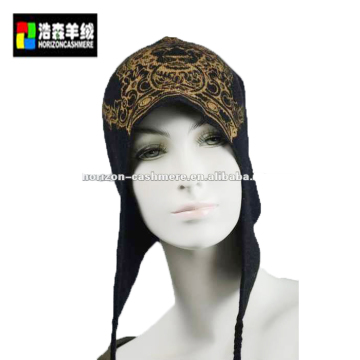 Black Cashmere Knitted Hat, Warm Delicate Print Cashmere Hat