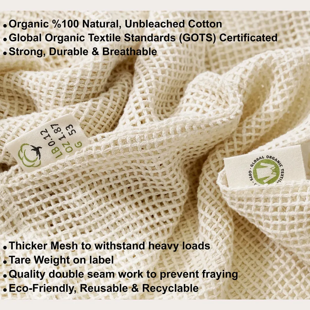 10packs Net Produce Grocery Shopping Drawstring Reusable Organic Cotton Mesh Bag for Fruits and Vegetables