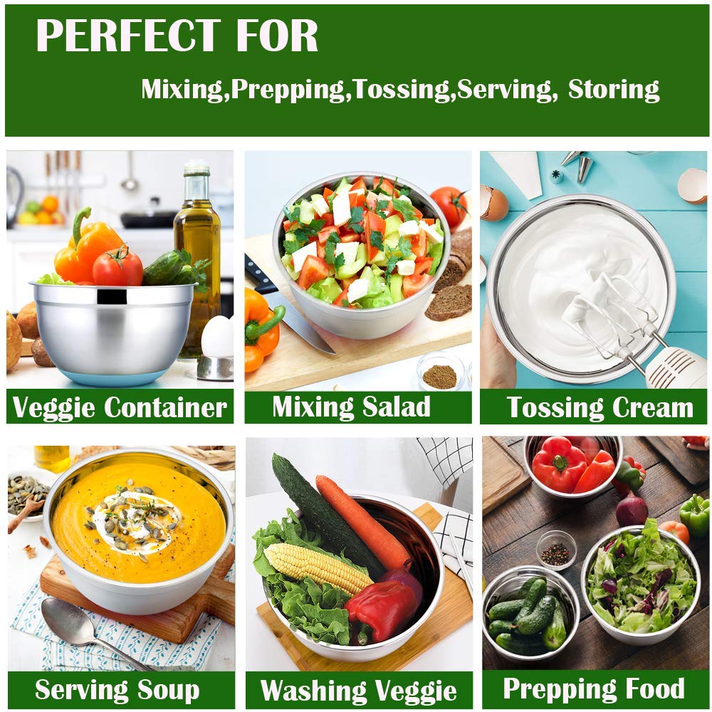 7 Colors Stainless Steel Mixing Bowl With Lid Home Kitchen Egg Mixer Salad Bowls Non-slip Silicone Bottom Food Storage Bowl Set